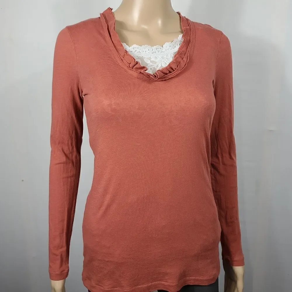 J.crew Burnt Orange long Sleeve Ruffled Neck Top